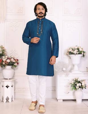 Teal silk straight kurta with nack mirror work 1