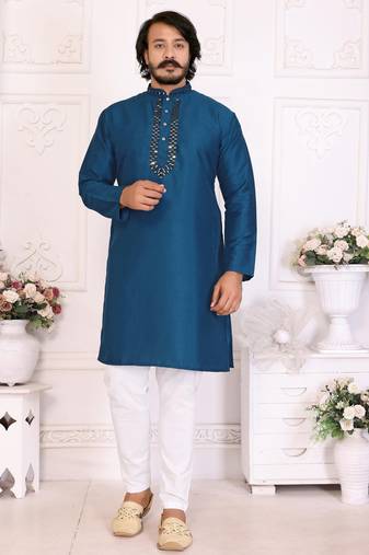 Teal silk straight kurta with nack mirror work