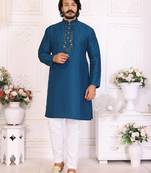 Teal silk straight kurta with nack mirror work