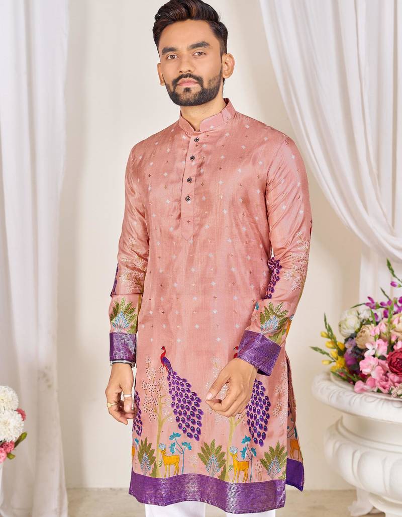 Pink dola silk straight kurta with foil work