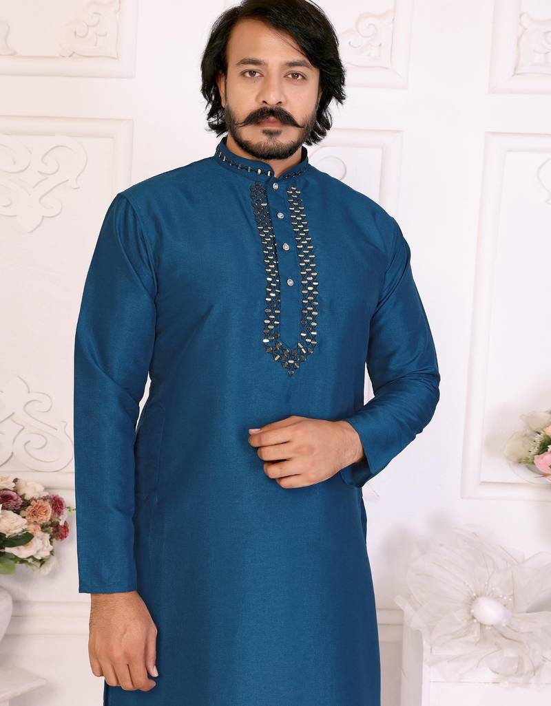 Teal silk straight kurta with nack mirror work