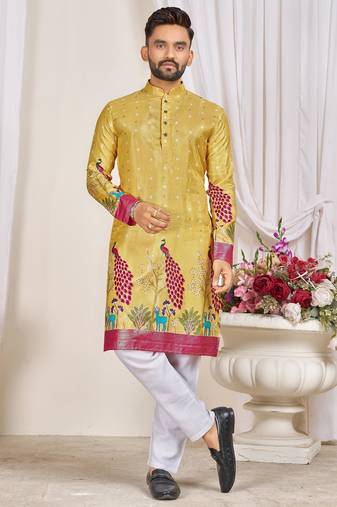 Yellow dola silk straight kurta with foil work