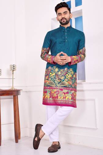 Teal dola silk straight kurta with foil work