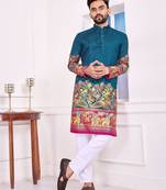 Teal dola silk straight kurta with foil work