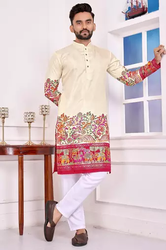 Beige dola silk straight kurta with foil work
