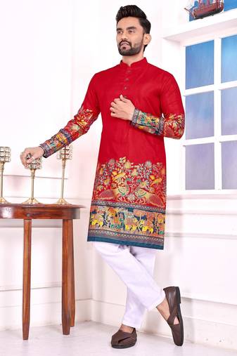 Red dola silk straight kurta with foil work