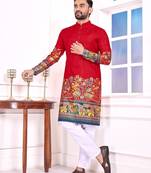 Red dola silk straight kurta with foil work