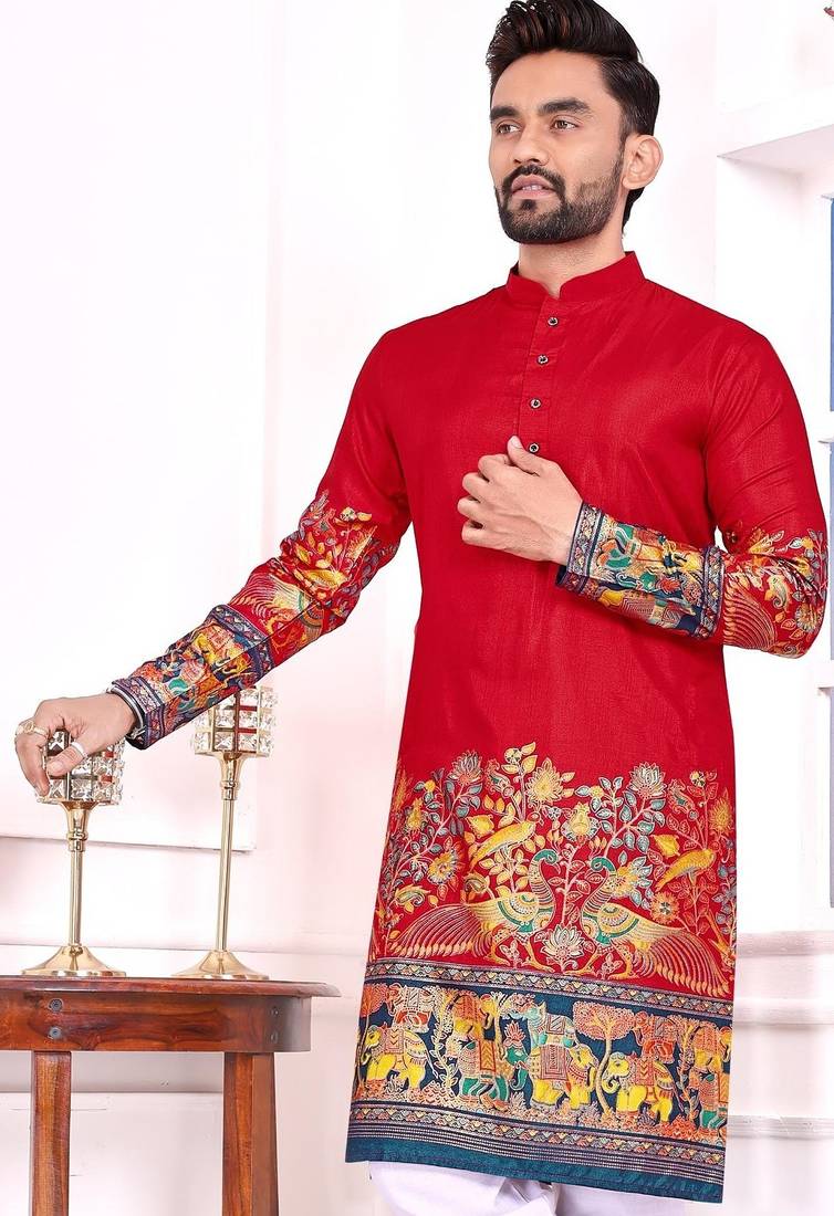Red dola silk straight kurta with foil work