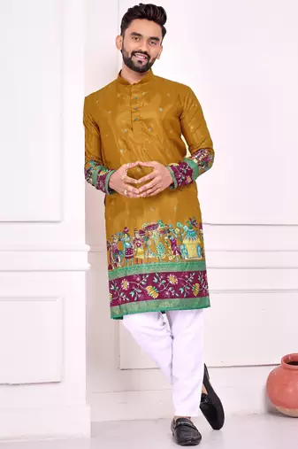 Mustard dola silk straight kurta with foil work