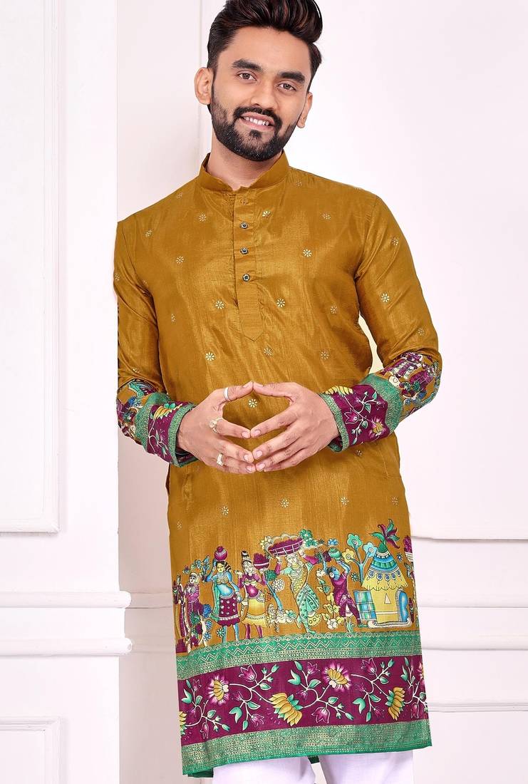 Mustard dola silk straight kurta with foil work