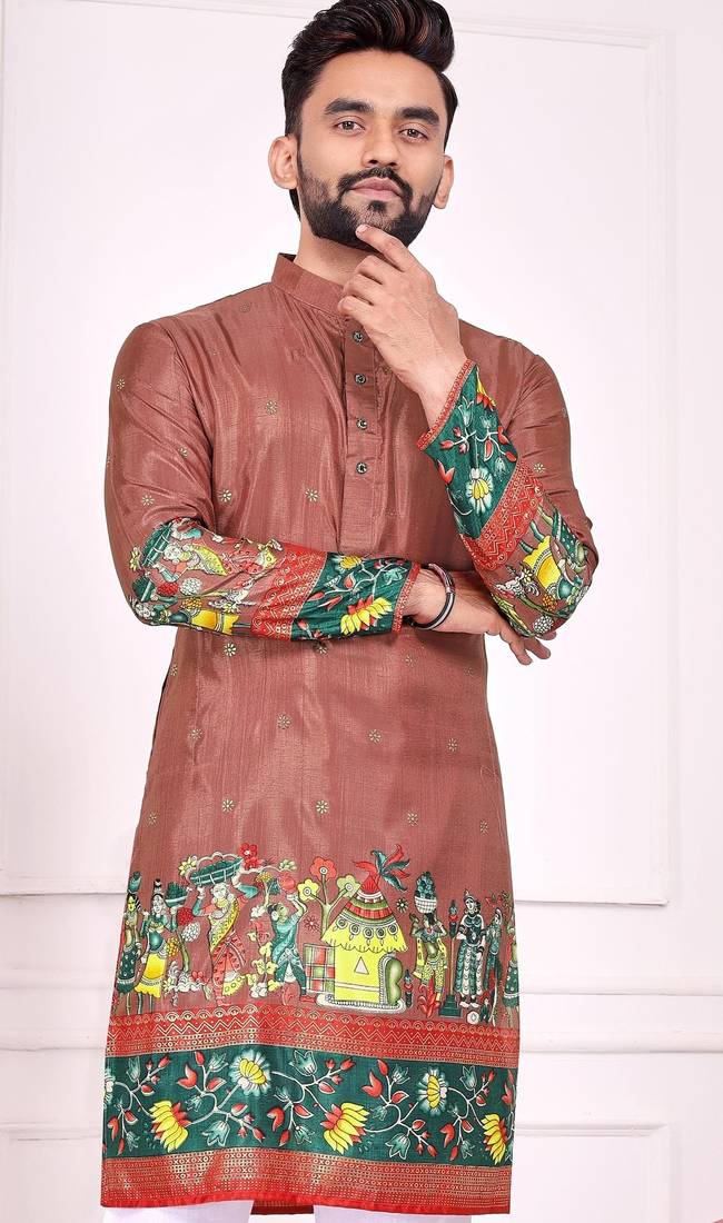 Peach dola silk straight kurta with foil work