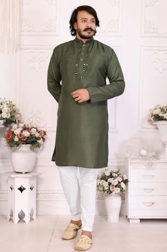 Mehendi silk straight kurta with nack mirror work