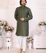 Mehendi silk straight kurta with nack mirror work