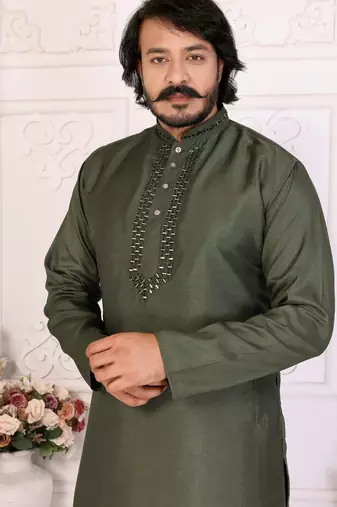 Mehendi silk straight kurta with nack mirror work
