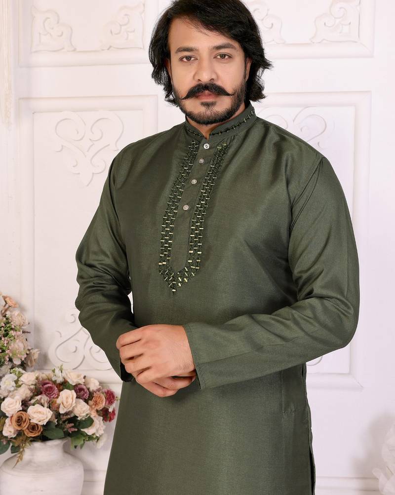 Mehendi silk straight kurta with nack mirror work