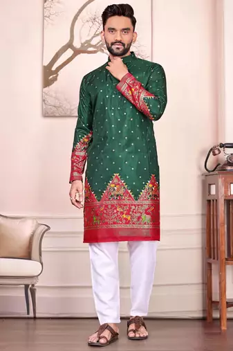Green dola silk straight kurta with foil work