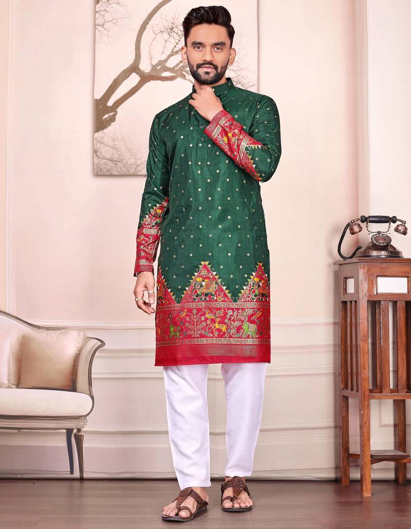 Green dola silk straight kurta with foil work