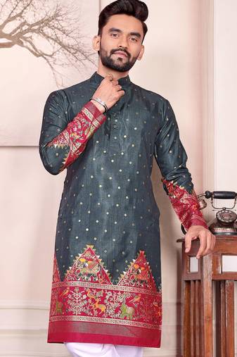Grey dola silk straight kurta with foil work