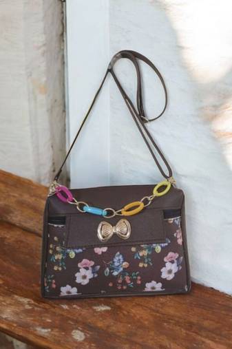 Women Brown Floral Mini Sling Bag Stylish Chain Bow Shoulder Purse