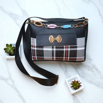 Women Black Checkered Mini Sling Bag Bow Chain Stylish Shoulder Purse 1
