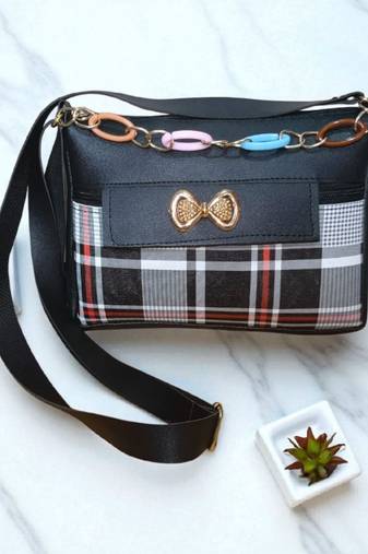 Women Black Checkered Mini Sling Bag Bow Chain Stylish Shoulder Purse