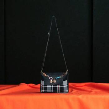 Women Black Checkered Mini Sling Bag Bow Chain Stylish Shoulder Purse 2