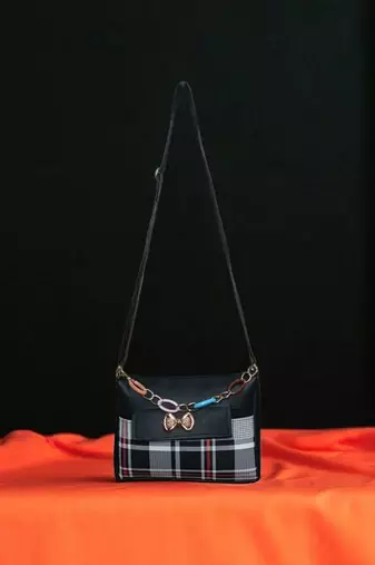 Women Black Checkered Mini Sling Bag Bow Chain Stylish Shoulder Purse