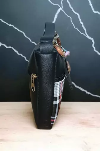 Women Black Checkered Mini Sling Bag Bow Chain Stylish Shoulder Purse