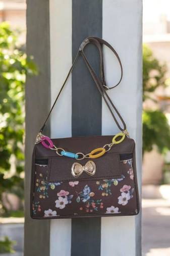 Women Brown Floral Mini Sling Bag Bow Chain Stylish Shoulder Purse