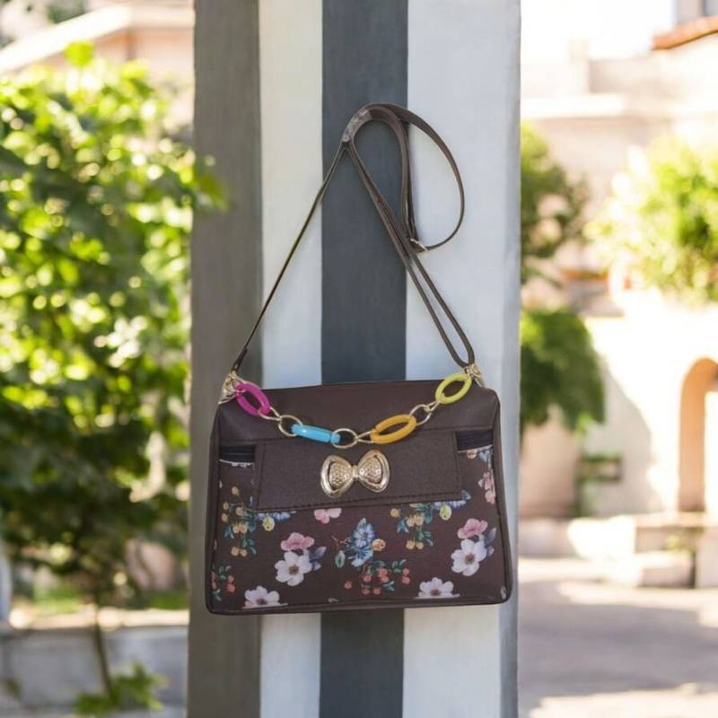 Women Brown Floral Mini Sling Bag Bow Chain Stylish Shoulder Purse