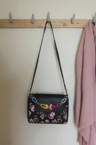 Women Black Floral Mini Sling Bag Bow Chain Stylish Shoulder Purse