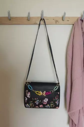 Women Black Floral Mini Sling Bag Bow Chain Stylish Shoulder Purse