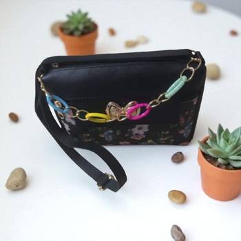 Women Black Floral Mini Sling Bag Bow Chain Stylish Shoulder Purse 2