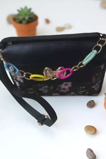 Women Black Floral Mini Sling Bag Bow Chain Stylish Shoulder Purse