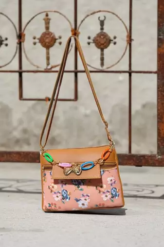 Women Peach Floral Sling Bag Bow Chain Mini Stylish Shoulder Purse