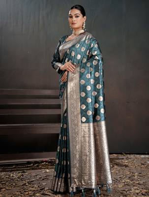 teal silk laheriya saree with designer pallu  3