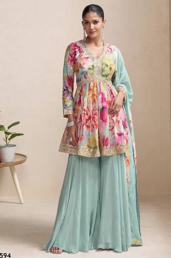 sky blue chinon palazzo - full stitched free size