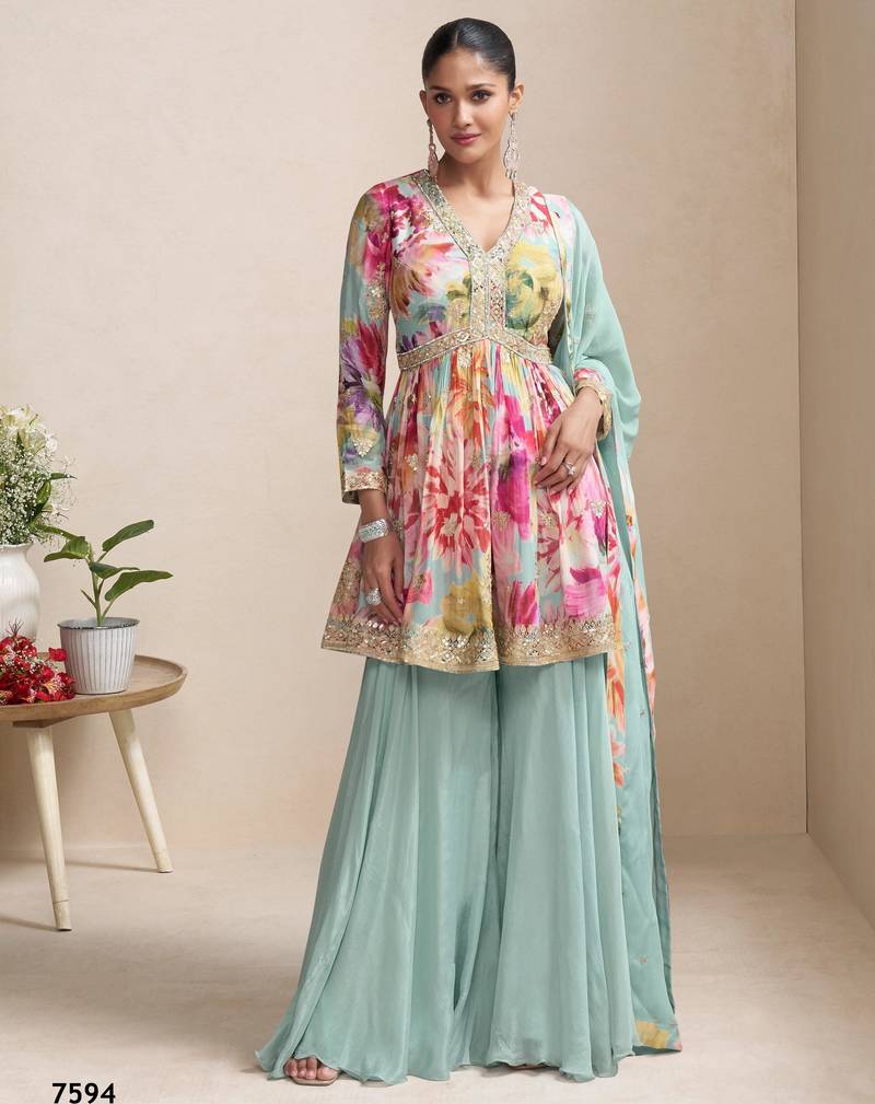 sky blue chinon palazzo - full stitched free size