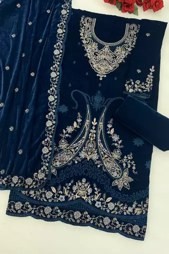 teal blue velvet embroidered sequin suit