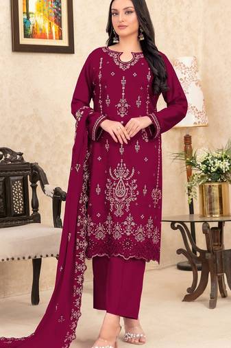 Red velvet semi stitched suit with embroidery sequence work