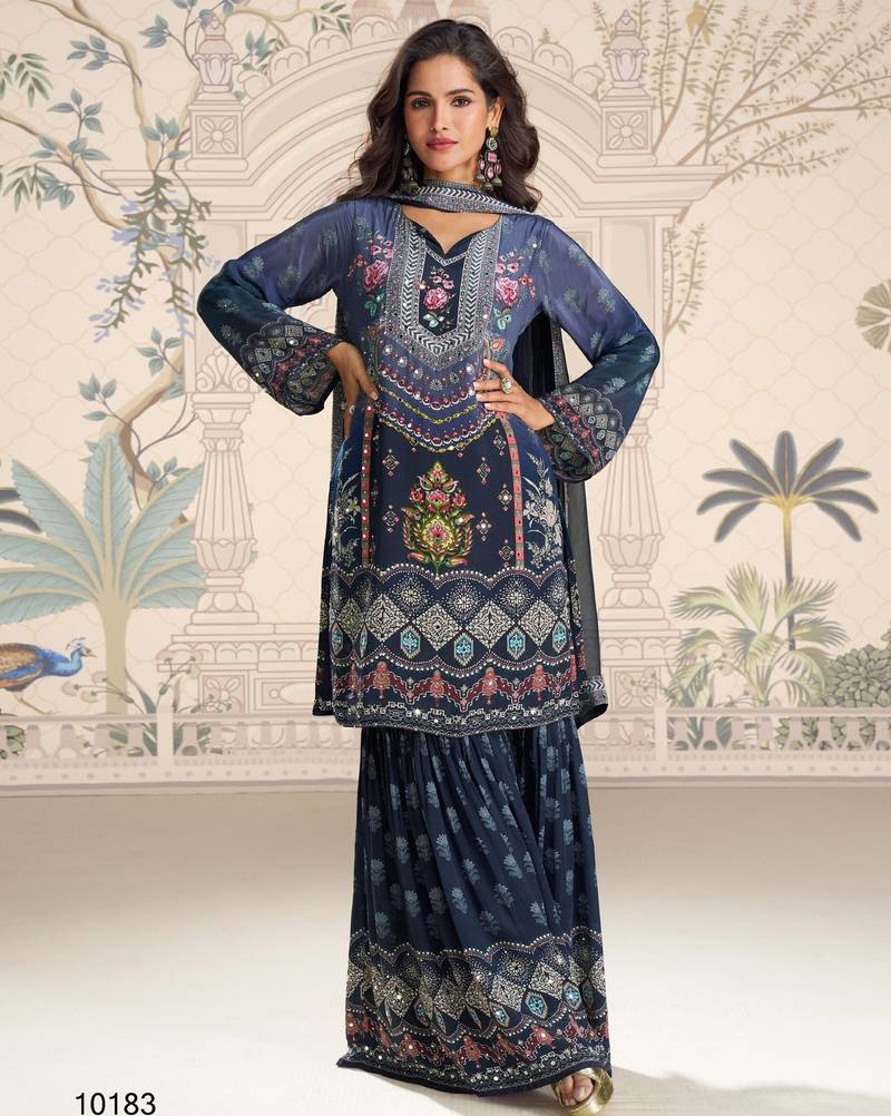 navy blue crepe gharara suit - full stitched free size