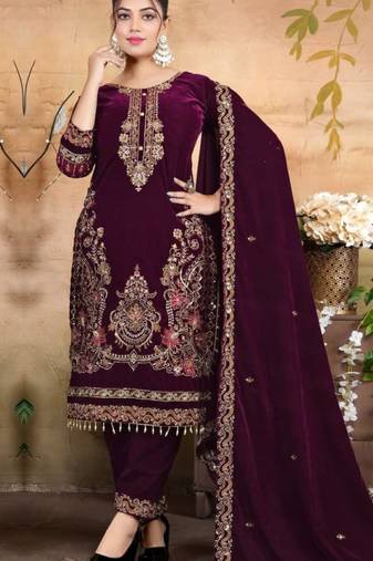 Maroon velvet semi stitched suit with embroidery & zarkan work