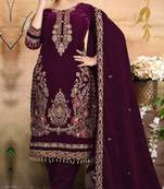 Maroon velvet semi stitched suit with embroidery & zarkan work