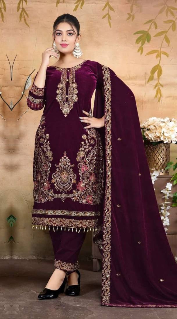 Maroon velvet semi stitched suit with embroidery & zarkan work