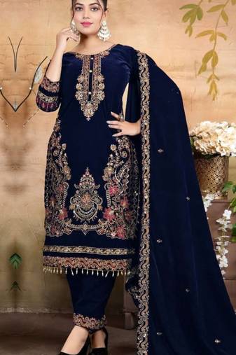 Navy blue velvet semi stitched suit with embroidery & zarkan work