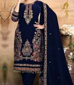 Navy blue velvet semi stitched suit with embroidery & zarkan work