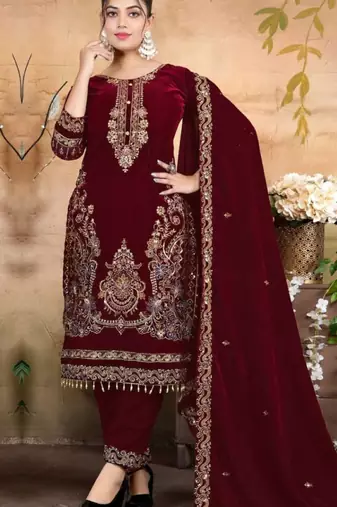 Red velvet semi stitched suit with embroidery & zarkan work