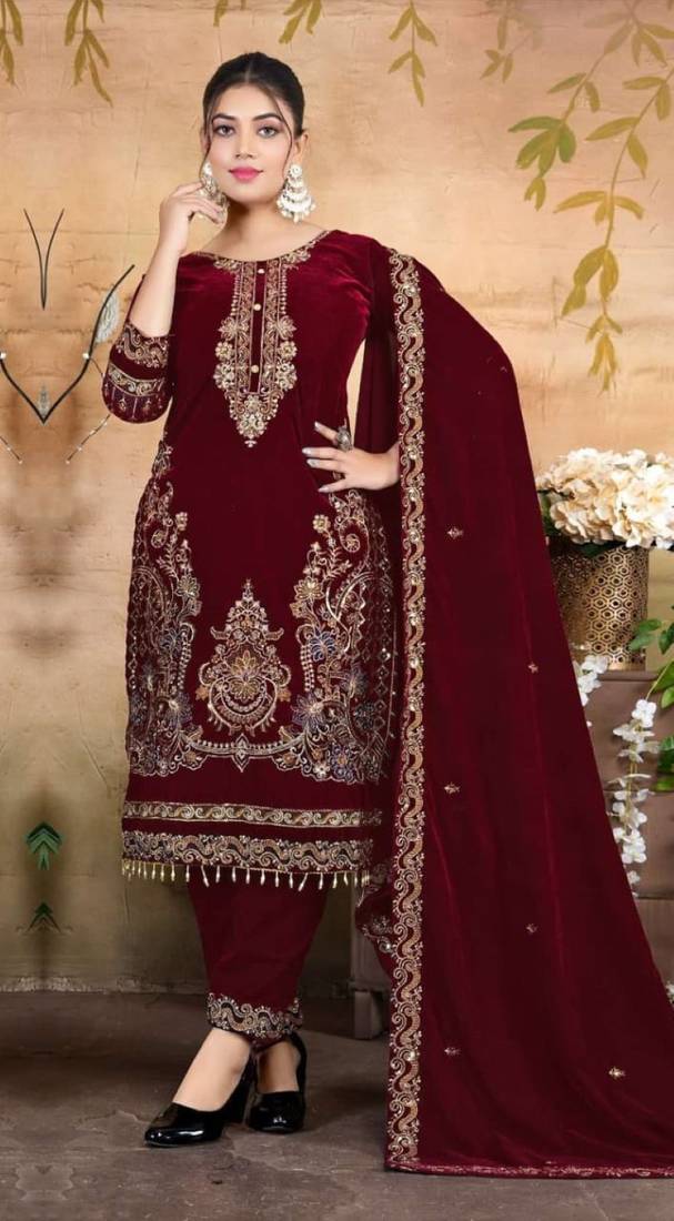 Red velvet semi stitched suit with embroidery & zarkan work
