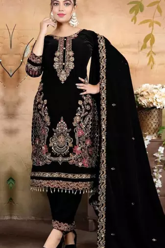 Black velvet semi stitched suit with embroidery & zarkan work