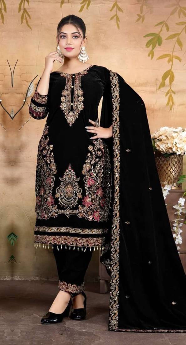 Black velvet semi stitched suit with embroidery & zarkan work
